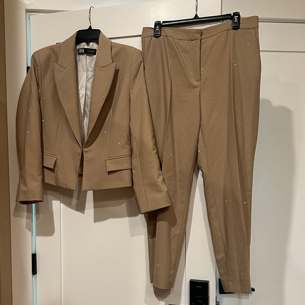 Zara Beige Blazer & ankle pants Set silver studs top shirt crop GORGEOUS $250